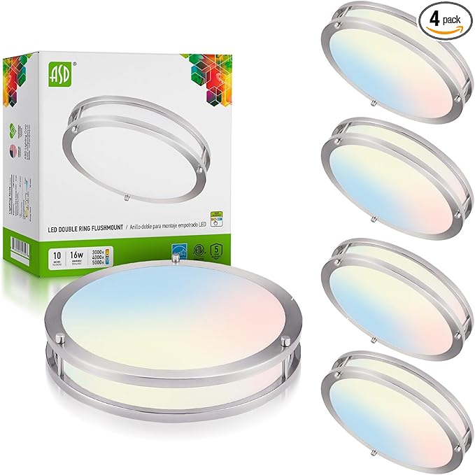 ASD LED 10" Round Flush Mount Lighting, Close to Ceiling Light Fixture | 3CCT, Dimmable, Energy Star, ETL Listed | 16W 1041LM 3000K-5000K 120V | Low Profile Double Ring Lamp | Nickel, 4 Pack