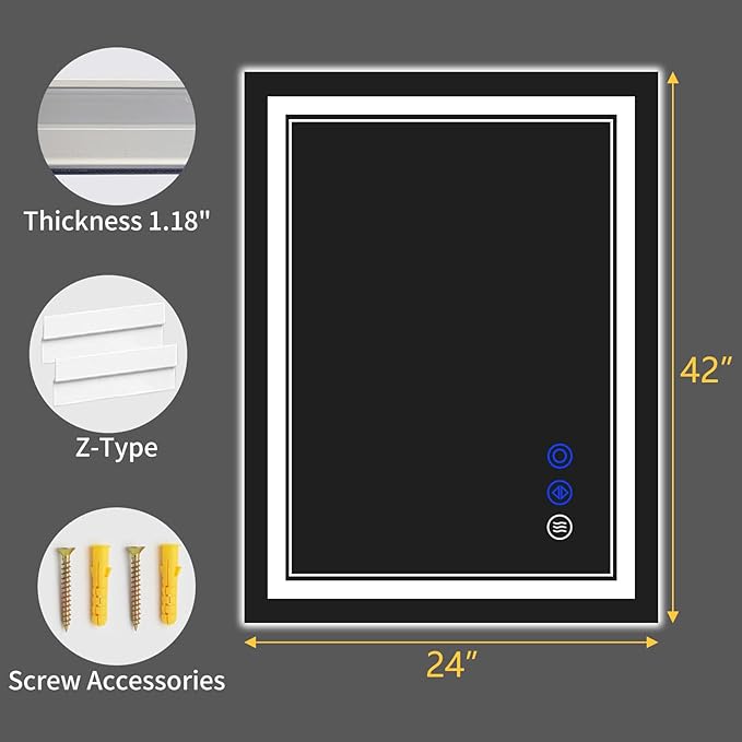 42"x24" LED Bathroom Mirror with Anti-Fog, Stepless Dimmable Lights, 3 Color Modes, Shatter-Proof Tempered Glass,Waterproof Design