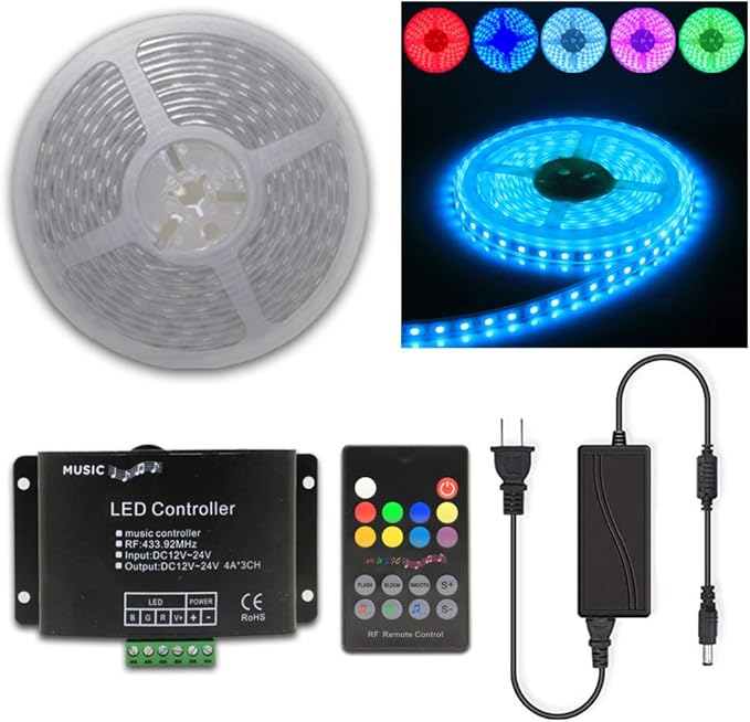 10FT 20FT 50FT 100FT 120FT 150FT 160FT 180FT 200FT 12V 60LEDs/M IP65 Waterproof RGB SMD 5050 LED Strip Light Flexible w/Music Sensed Controller & Power Supply (40)