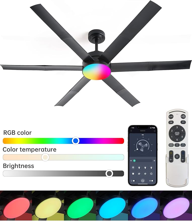 60" Smart Ceiling Fan with RGB Chasing Lights – Quiet DC Motor with Sectional Blades Dimmable CCT via App & Remote Control, Fits Flat or Sloped Ceiling Mount for Large Living Rooms, Black