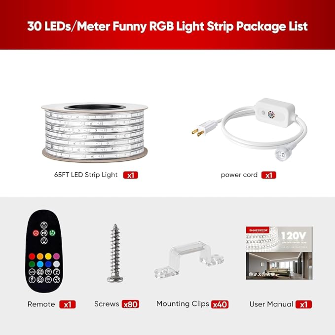 Shine Decor 120V RGB LED Strip Light Remote Control, Cold Resistant IP65 Waterproof Outdoor Strip Lighting Color Changing, Connectable Lite Multicolor Lighting Strip 7x13mm, 65 FT 600 LEDs ETL Listed