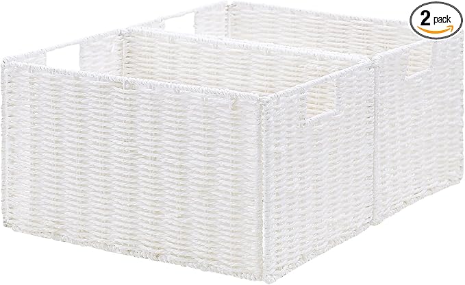 Vagusicc Wicker Storage Basket, Set of 2 Hand-Woven Paper Rope Wicker Basket, Small Storage Baskets for Organizing Toilet Paper Basket, Foldable Large Cube Storage Organizer Bins for Shelves (White)