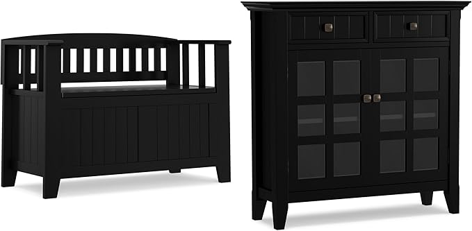 SIMPLIHOME Acadian Solid Wood 36 inch Wide Small Storage Bench and 36 inch Wide Storage Cabinet in Black for the Living Room, Entryway, and Family Room, Transitional Style