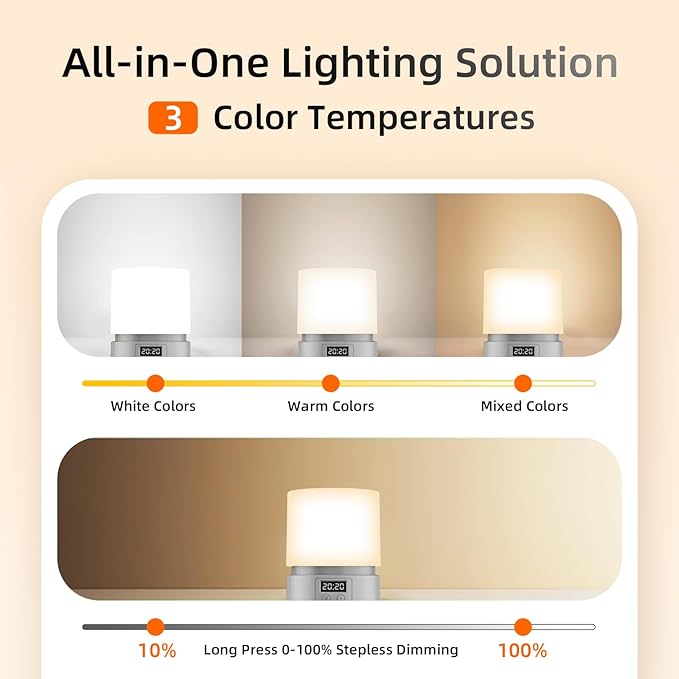 Nursery Night Light with Clock for Kids, Touch Lamp Bedside Desk Lamp, Portable Breastfeeding Night Lamp for Baby, 3 Color Stepless Dimming Up for Restaurant,Bedroom,Rechargeable (Grey)