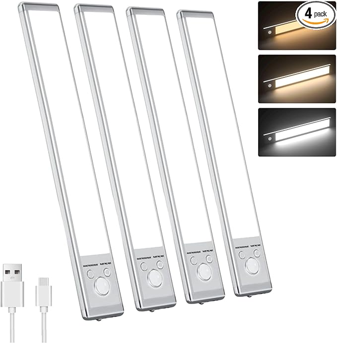 Motion Sensor Under Cabinet Lighting-Magnetic Rechargeable Closet Lights for Kitchen,Stairs,Wardrobe | 3-Color Dimmable LED Under Counter Lighting | Cord-Free Light Bars (9.5inch-4Pack)