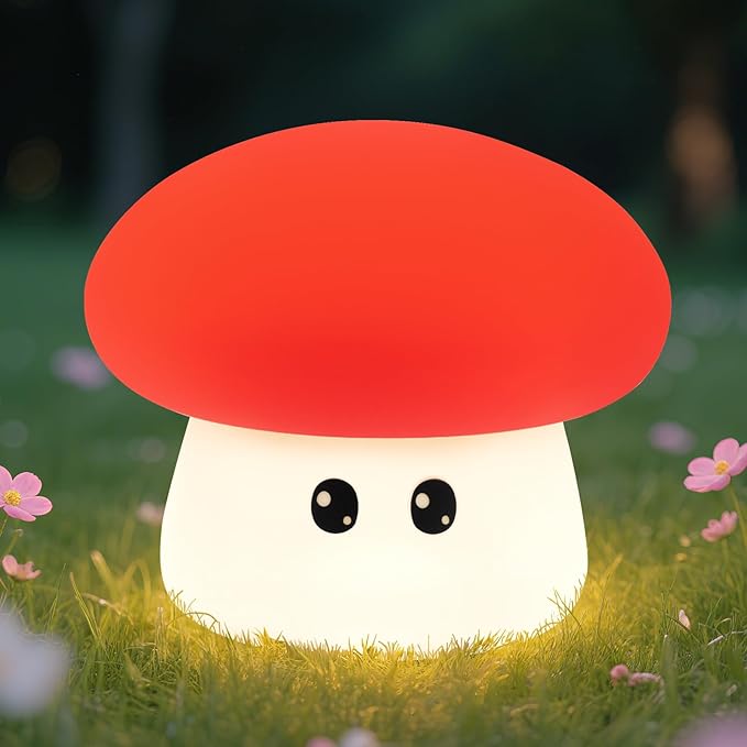 Squishy Big Eyes Mushroom Night Light with RGB Mode 3 Brightness Adjustable Nursery Breastfeeding Nightlight Cute LED Red Mushroom Lamp Rechargeable Silicone Touch Bedside Lamp for Bedroom Dorm Decor