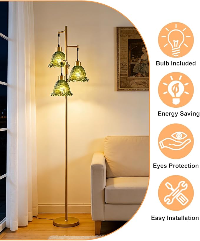 Glass Floor Lamps for Living Room, 3-Light Gold Dimmable Floor Lamp with Green Glass Shade& Bulbs Included, Mid Century Standing Tall Lamp for Bedroom/Sofa Beside/Corner Decor