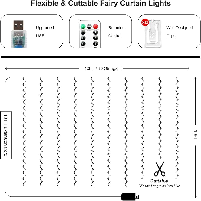 300 LED Fairy Curtain Lights, 9.8 x 9.8FT Cold White USB Plug in 8 Modes String Hanging Lights with Remote for Christmas, Bedroom, Indoor, Outdoor, Weddings, Party (Cold White)