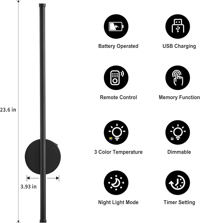 Motion Sensor Battery Operated Wall Sconce Set of Two - Modern Rechargeable Wireless Wall Lights with Remote Control, Dimmable, 3000K/4000K/6000K, Timer for Living Room, Hallway, 23.6 Inch, Black