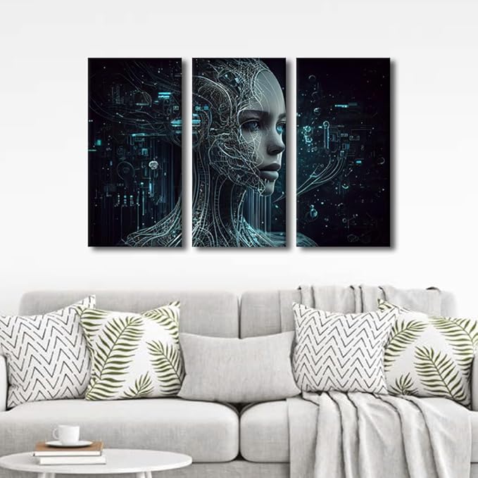 TUMOVO AI Wall Decor 3 Pieces Canvas Wall Art Colorful Future Technology Pictures for Home Decor Paintings Artificial intelligence Female Robot Prints and Poster Framed Ready to Hang, 36" Wx24 H
