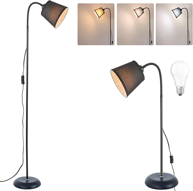 AoMck Floor Lamp, Industrial Metal Floor Lamps for Living Room with Adjustable Bendable 2 in 1 Reading Table Lamps for Living Room Bedroom Office (B+Black Shade)