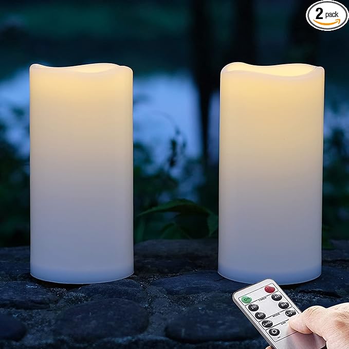 NONNO&ZGF 4X8 inch Huge Outdoor IP44 Warm White LED Rainproof Waterproof Candles, Large Flameless Battery LED Pillar Candle with Remote and Timer, Resin, No Melt, 2 Pack