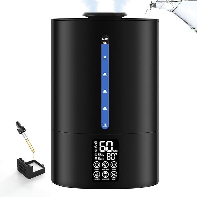 6L Humidifiers for Bedroom Large Room Home,Cool and Warm Humidifier for Baby and Plants Hot Mist Top Fill Desk Humidifier Oil Diffuser,Quiet,Auto Mode,360°Nozzle-Midnight Black(2026 Upgraded)