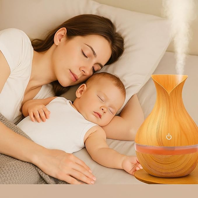 300ML Air Humidifier & Aroma Diffuser Home Fragrance Room Decor Essential Oil Diffuser Humidifiers for Bedroom Cool Mist 7 LED Light Car Air Freshener (Light Wood-1)