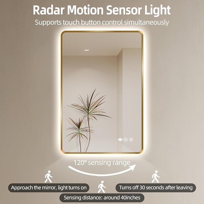 30 x 36 Gold LED Bathroom Mirror, Metal Framed Rounded Corner Rectangle Backlit Mirror Bathroom, Anti-Fog, 3-Color Stepless Dimmable Lighted Mirror, Motion Sensor Lights, Memory Function