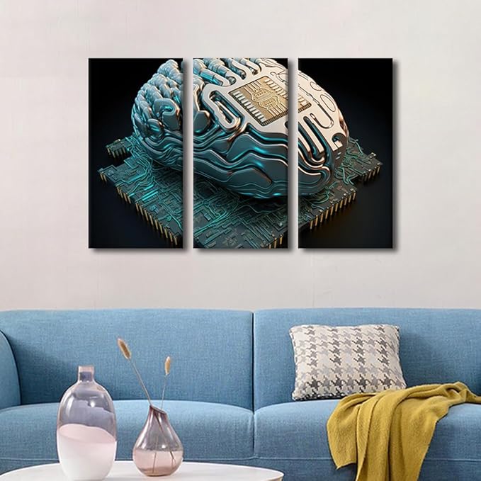 TUMOVO Modern Decor Brain and Computer Chip Pictures AI Posters and Prints 3 Panel AI Canvas Wall Art for Living Room House Decoration Giclee Ready to Hang Gallery-Wrapped, 36" Wx24 H