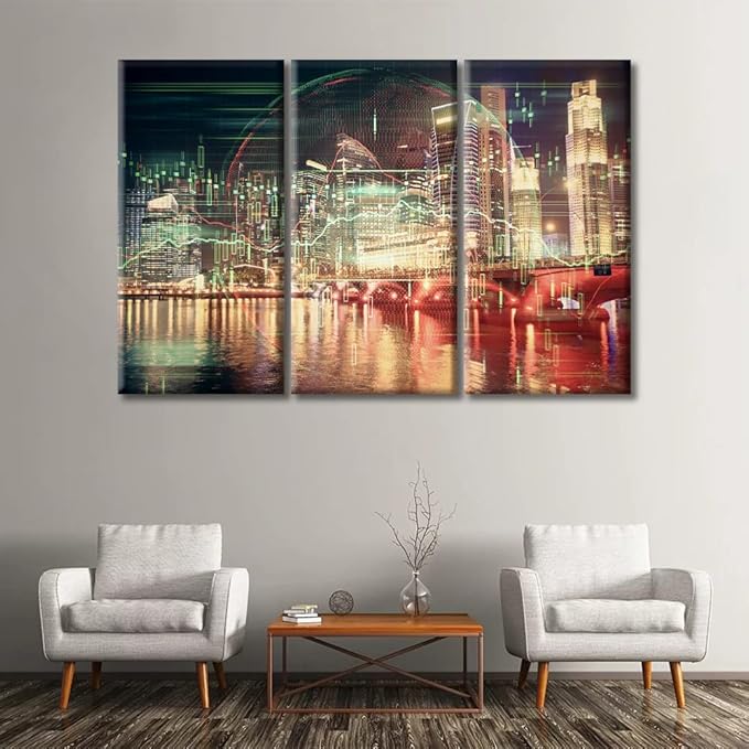 TUMOVO Financial Chart on City Scape with Tall Buildings Background Art Pictures Office Decor 3 Pieces Analysis Concept Wall Decor for Living Room Ready to Hang (60" Wx40 H)