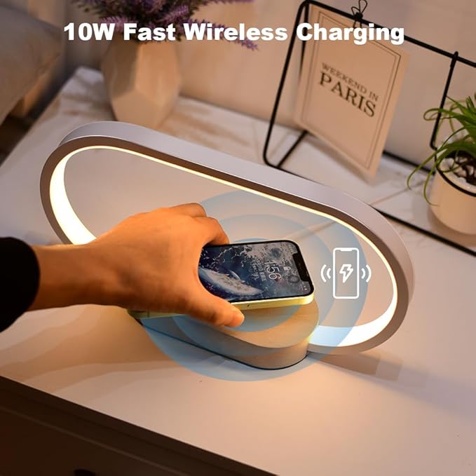 Donewin Wireless Charging Bedside Lamp with USB Charging Port,Premium Wooden Nightstand Light for Bedroom,Nursery Lamp,Touch-Control Desk Lamp,Ideal Gift Choice,Stepless Dimming& 3 Color Temps