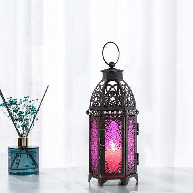 DECORKEY Halloween Lanterns Decorations Indoor & Outdoor, 11’’ Medium Size Vintage Metal Hanging&Tabletop Candle Holder Decor, Christmas Ramadan Decorations for Home Porch Patio (Purple)