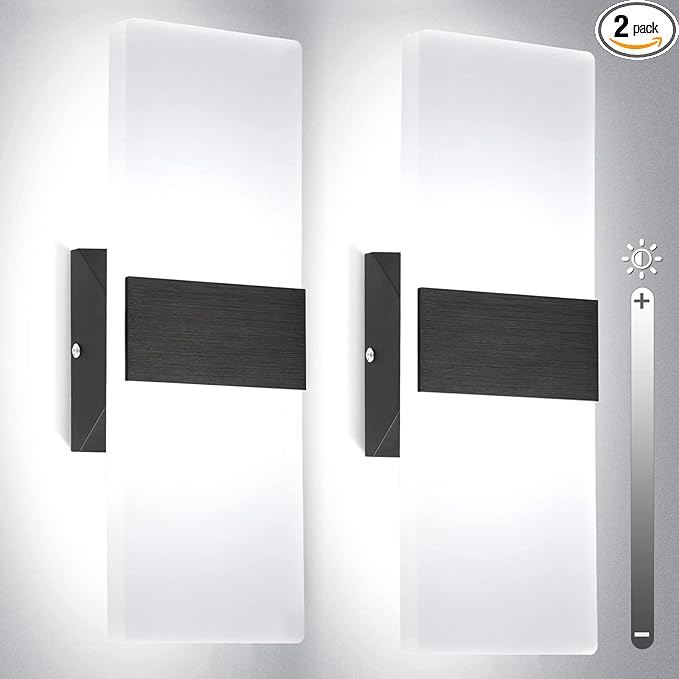 TRLIFE Dimmable Wall Sconces, Modern Wall Sconces Set of 2 Hardwired Wall Mounted Lights 12W 6000K Cool White LED Wall Sconce Lighting for Bedroom Bedside Living Room Bathroom Stairway(2 Pack, Black)