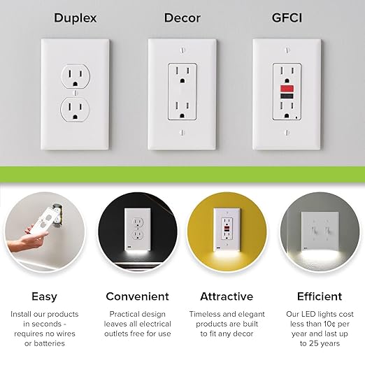 SnapPower Single MotionLight [for Duplex Outlets] - Motion Detecting LED Night Lights Built-in to Wall Plate - Bright/Dim/Off Options - Auto On/Off Sensor - (Duplex, White)