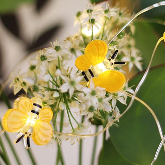 Honey Bee Fairy String Lights，Waterproof Bee Decorative Lights 10FT 30 LED Battery Operated Bee Lights Decor for Outdoor Indoor Party Wedding Garden