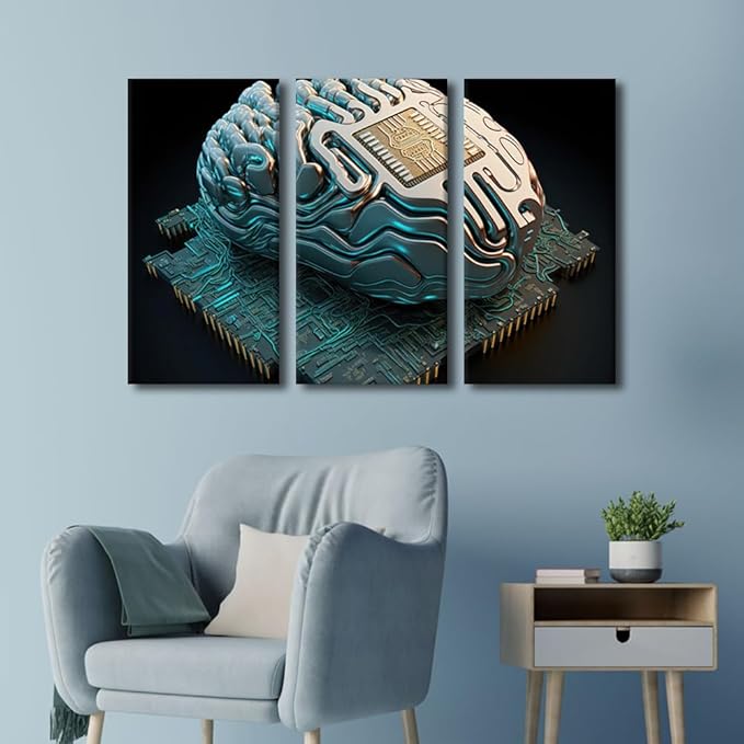 TUMOVO Modern Decor Brain and Computer Chip Pictures AI Posters and Prints 3 Panel AI Canvas Wall Art for Living Room House Decoration Giclee Ready to Hang Gallery-Wrapped, 36" Wx24 H