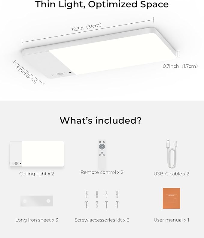 FULEN 2 Pack Rechargeable Motion Sensor Ceiling Light Upgraded, Cordless Closet Light with 12000mAh Battery, LED Shower Light for Bathroom,Pantry,Porch,Garage,3000K/4500K/6000K, Remote Control