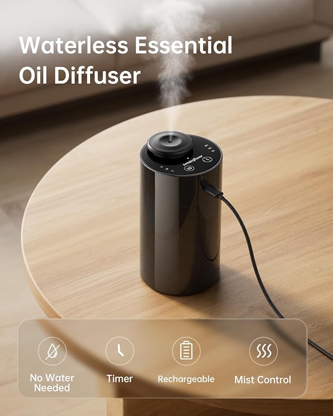 Waterless Essential Oil Diffuser with 4 x 10mL Hotel Scent Fragrance Oils, Rechargeable Car Diffuser Air Freshener Machine, 3 Timer & 3 Mist Modes, Aromatherapy Kit for Home