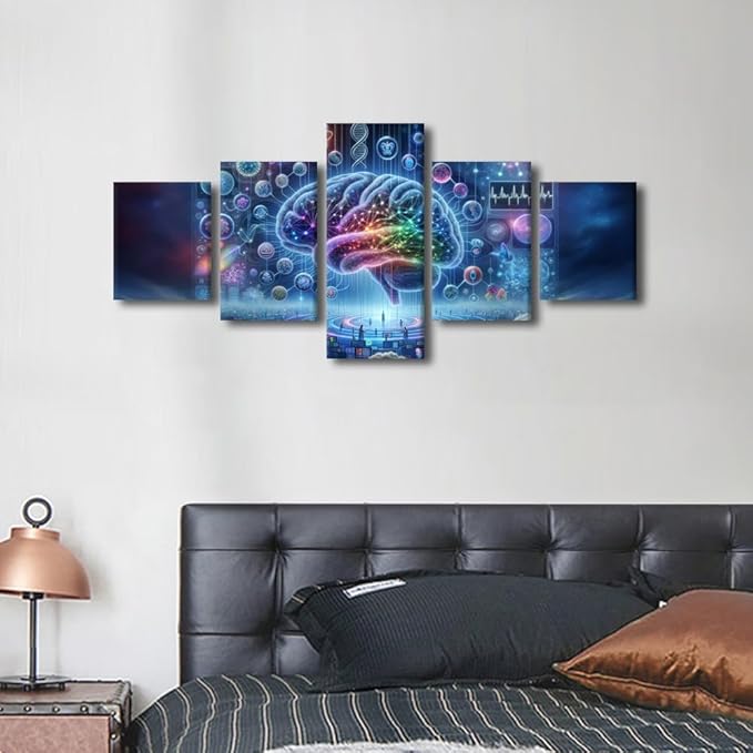 5 Panel Digital of Human Brain in Colour Background Canvas Wall Art Framed Digital Brain Painting Futuristic Technology Pictures for Living Room Posters and Prints Framed Ready to Hang 50" Wx24 H