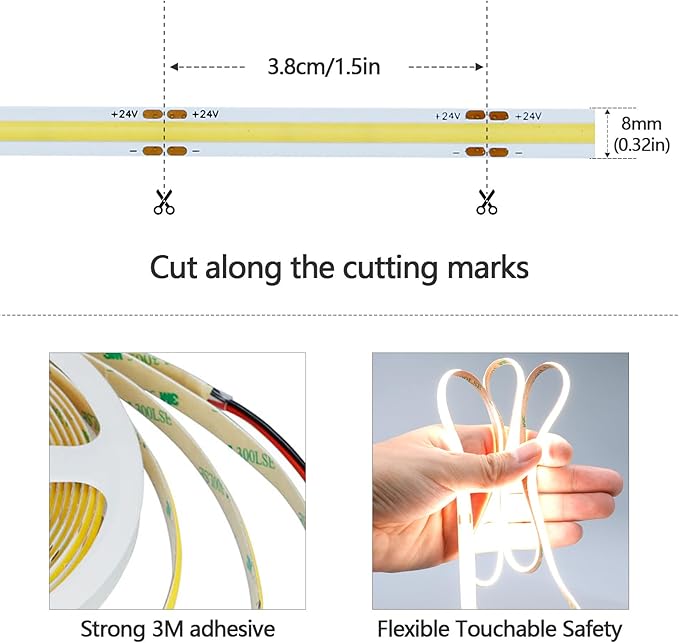 GOMING Motion Sensor COB LED Light Strip 32.8ft(10M) Natural White 4000K 3 Lighting Modes 3 Timing Off Modes 3 Brightness Modes with Power Adapter for Kitchen Cabinets Stair Showcase Bedroom Bed