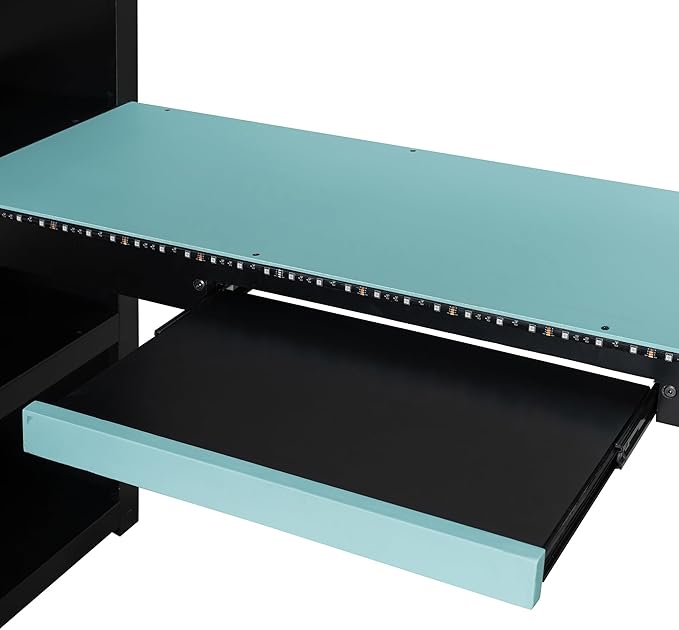 Full Size Gaming Loft Bed with Integrated Desk & RGB LED Lights,Bunk Bed with Power Outlet, Large Bookshelf, Pegboard, Keyboard Tray & Drawer (Blue-Bo, Full)