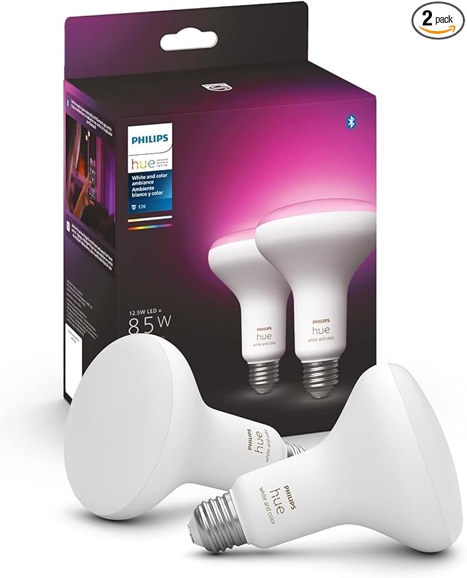 Philips Hue BR30 LED Smart Light Bulbs, Flicker-Free 85w Light Bulbs, Bluetooth Compatible, Compatible with Alexa, Google Assistant, and Apple HomeKit, E26 Base, 2 Pack