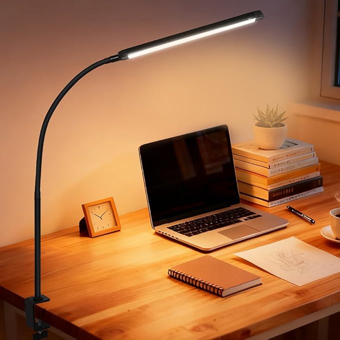 Eye-Caring LED Desk lamp with Clamp 360° Flexible Gooseneck Work Lamp 3 Light Colors 10 Brightness Level Eye-Caring Clip Lights for Home Office College Dorm,USB Adapter (White Shell)