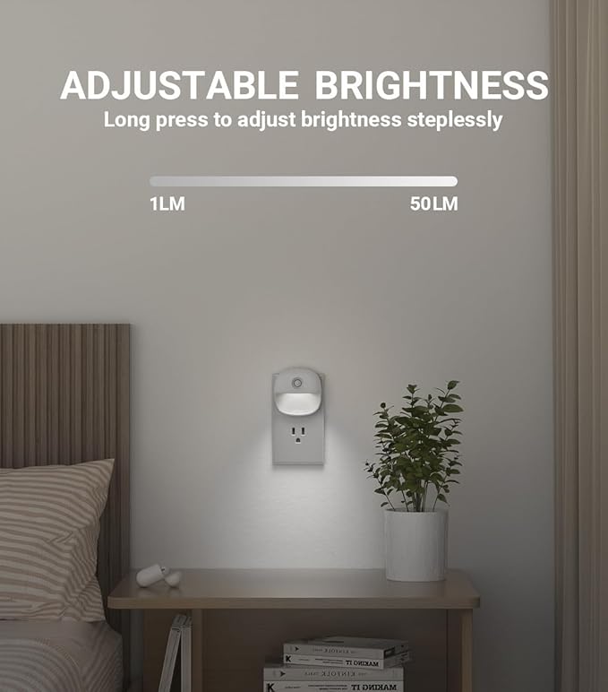 Lyridz Plug in Night Light with Motion Sensor and Dusk to Dawn Sensor, Dimmable Cool White Nightlight with 1-50lm Adjustable Brightness for Bedroom, Bathroom, Stairs, Hallway, 2 Pack