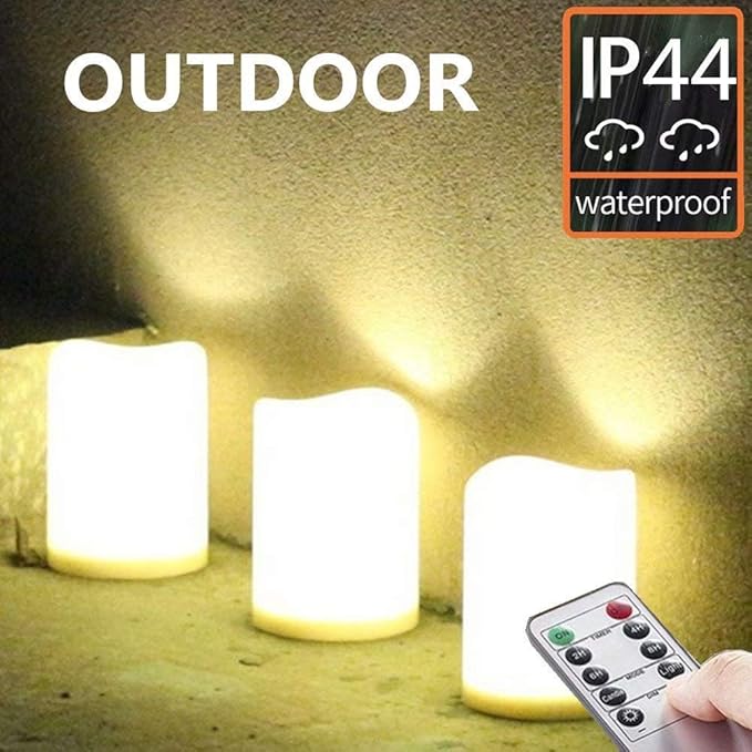 Set of 3 Outdoor IP44 Warm White LED Rainproof Waterproof Flameless Battery LED Pillar Candles with Remote and Timer, Plastic, Won't Melt, Weather Resistant Design 3 x 4", Timer 24hours