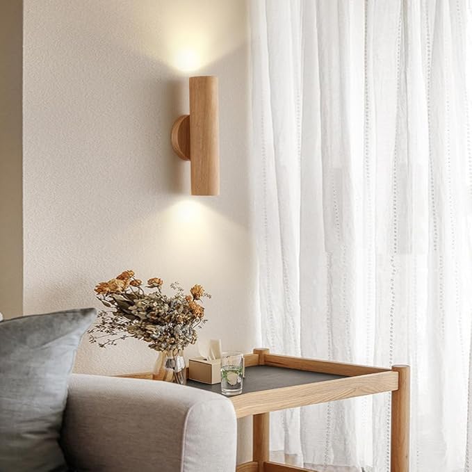 Japanese Style Wall Light, 9.8 in Minimalist Columnar Wood Wall Lamp, Hardwired Interior Wall Sconces, Bedroom Hallway Living Room Wall Mounted Lighting Fixtures