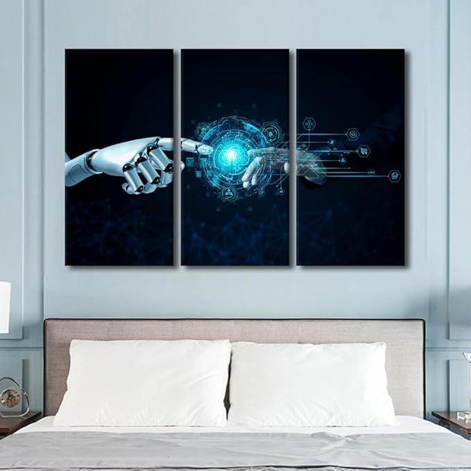 Ai Canvas Wall Art Digital Age Picture Printing 3 Panel Artificial Intelligence Poster Prints Art for Buddhist Believers Living Room Decor Stretched and Framed Ready to Hang 40" Wx60 H