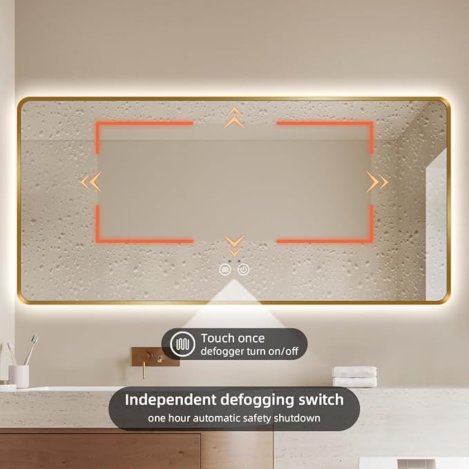 Gold LED Bathroom Mirror, 36" H x 48" W Smart Mirror with Infrared Motion Sensor Lights, Anti Fog, Stepless Dimmable & Color Temperature Adjustment, Wall Mounted Vanity Mirror, CRI≥93