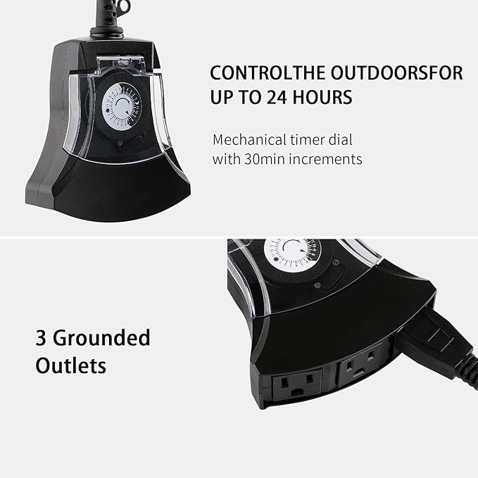 Outdoor Timer Outlet Waterproof, 24 Hour Mechanical Timer Outlet for Home and Garden, 3 Grounded, 15A 3/4HP, Black, 2 Pack