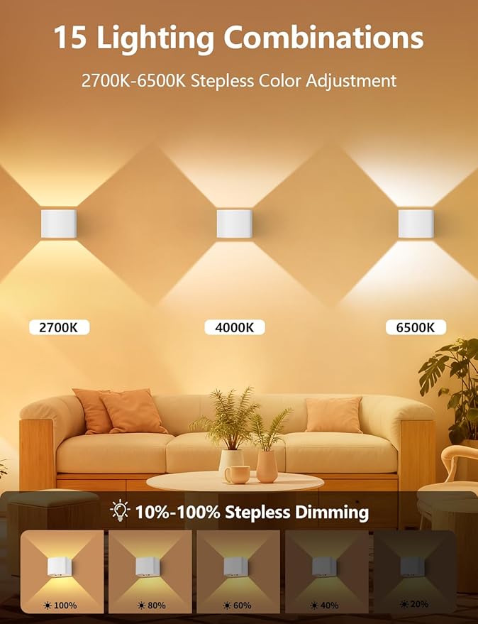 Motion Sensor Wall Light with Remote Control, 5000mAh Rechargeable Battery Powered Wall Lamps, Dimmable 2700-6500K, Adjustable Beam Angle, White Up and Down Wireless Wall Sconce for Indoor, 4-Pack