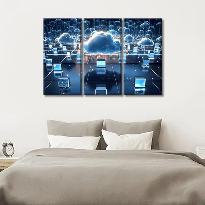 LSIUHWUWI Wall Decor for Bedroom Posters and Prints Digital Informational Technology Web Futuristic Hologram Pictures Print on Canvas 3 Pieces Wall Artwork Framed Ready to Hang 20x40inchx3