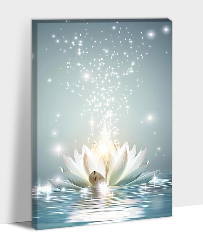 Zen White Lotus Flower Canvas Wall Art, Lotus Flower Pictures Bathroom Zen Print, Spiritual Water Lily Canvas Prints, Lotus Bloom on Water Poster, Zen Calm Relax Artwork for Yoga Spa Room 28x40 inch
