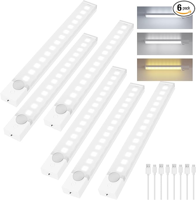 Under Cabinet Lighting 12 Inches Rechargeable Motion Sensor Light Indoor, 3 Color Dimmable Closet Light Battery Operated, USB Stick on LED Magnetic Under Counter Lights for Kitchen Stair, 6Packs