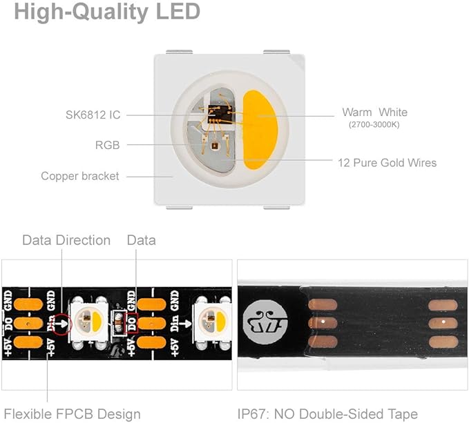 BTF-LIGHTING RGBW RGB+Warm White SK6812 (Similar WS2812B) 4 Colors in 1 LED Strip Individually Addressable 16.4ft 60Pixel/m 300LED Light Dream Color IP67 DC5V Black PCB (No Adapter or Controller)