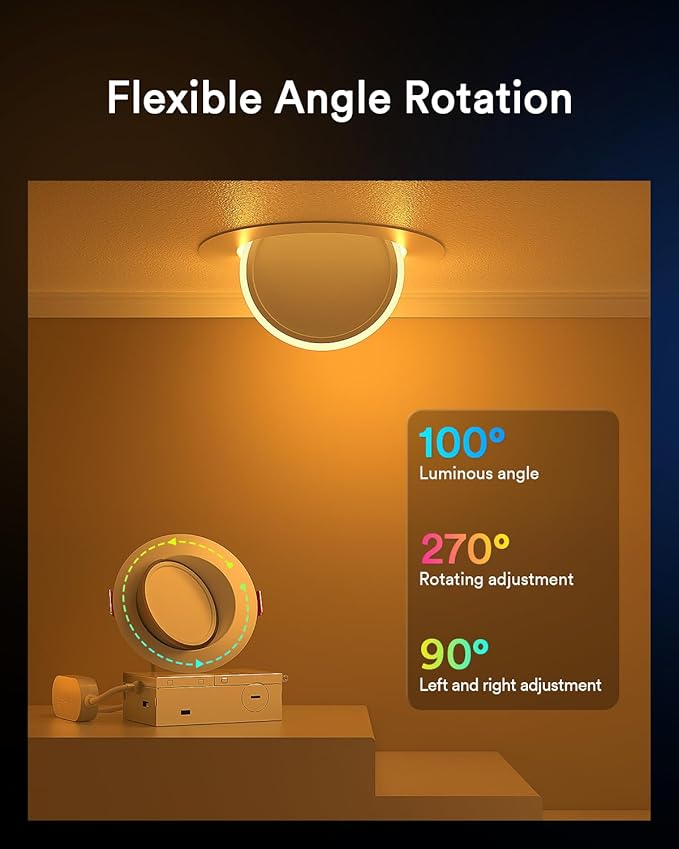 Lumary 4 Inch Smart Gimbal Recessed Lighting Ultra with 2200k Night Light，270°+90°Rotatable LED Recessed Lights, 9W 600LM Angled Adjustable LED Downlight, Works with Alexa & Google Assistant，1Pack