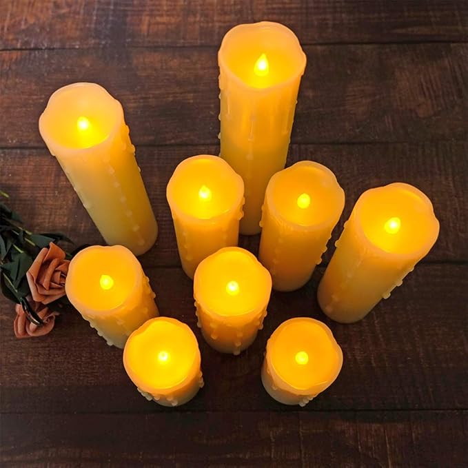DRomance Flameless Flickering Candles Battery Operated with Remote and Timer, Set of 9 Dripping Real Wax Warm Light LED Pillar Candles for Holiday, Christmas Decoration(Ivory, 2.2" D x 4"-9" H)