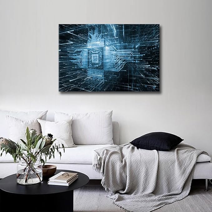 TUMOVO CPU Symbol Modern Wall Art AI Abstract Picture Futuristic CPU Contemporary Artwork Print On Canvas Digital Age Bedroom Wall Art Pictures for Living Room Framed Ready to Hang, 36x24in
