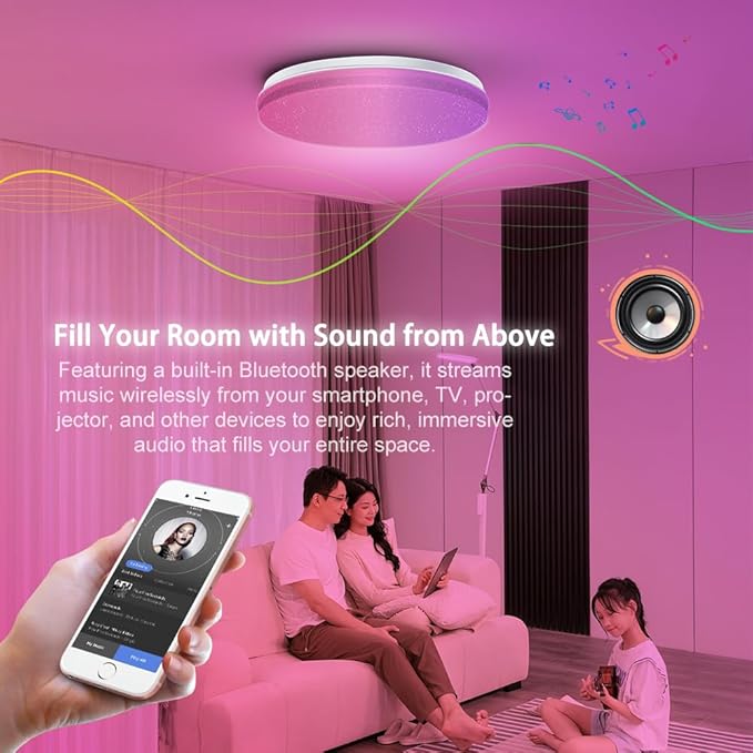 1-Pack, 12 inch Smart LED Music Ceiling Light with Bluetooth Speaker, Compatible with Alexa & Google Home, Color Changing RGB Dimmable Light for Living Room, Bedroom, Kitchen
