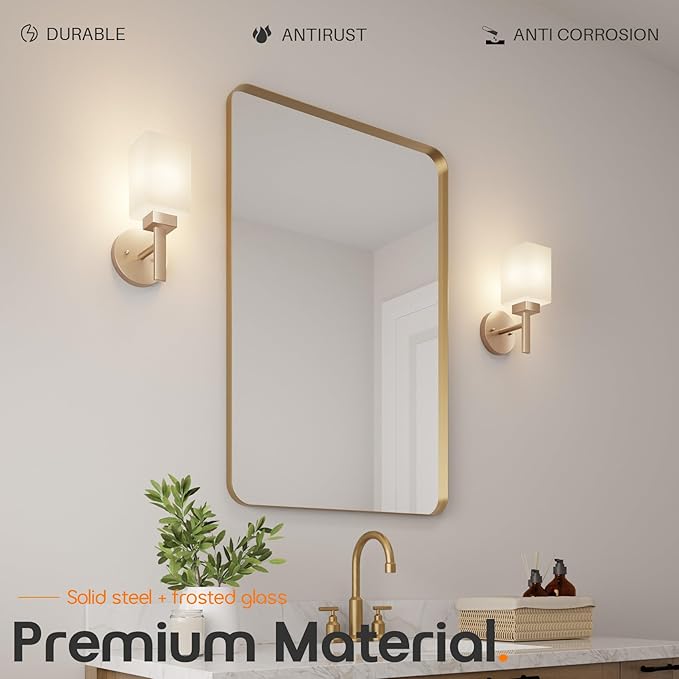 Bathroom Vanity Lighting Fixtures with White Frosted Glass Shade, Champagne Bronze Wall Lamps Over Mirror for Bedroom Living Room, 2 Pack T002CPG-L1-P2